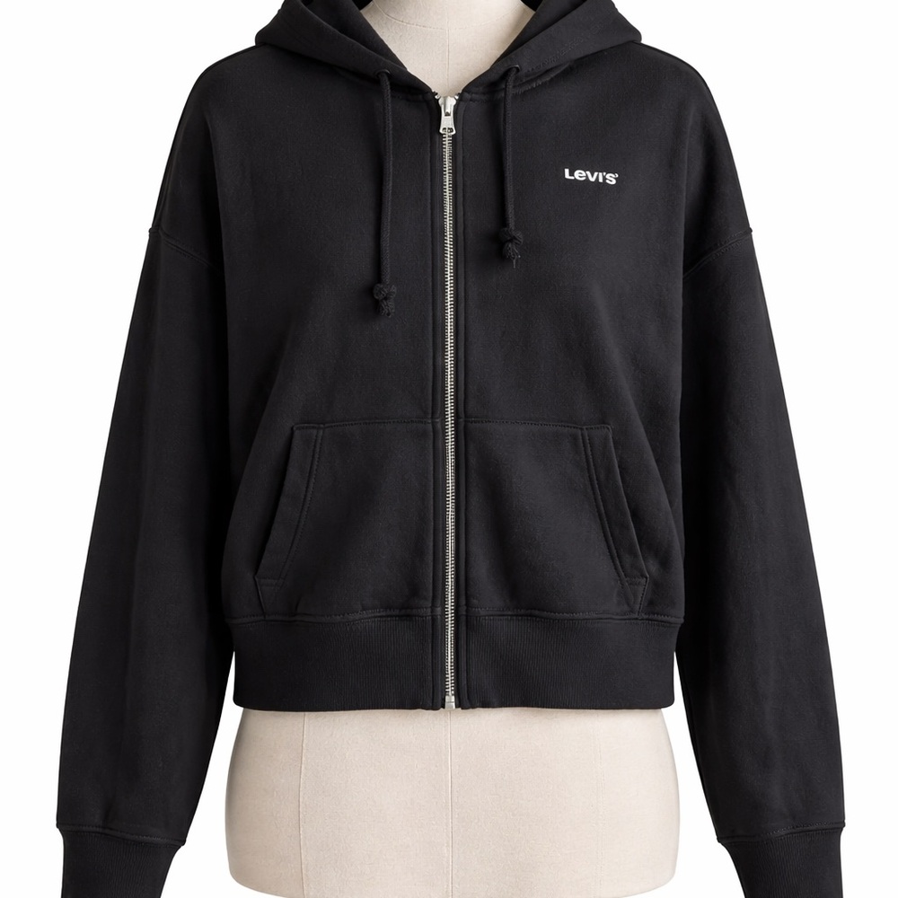 Levi's Logo Trim Full Zip Hoodie Women's Small Black Cropped Tape Sleeve Jacket